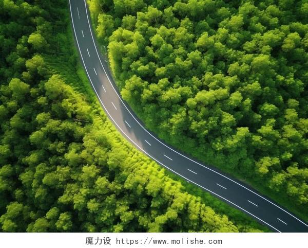 绿色森林公路航拍镜头俯视视角户外旅游风景图